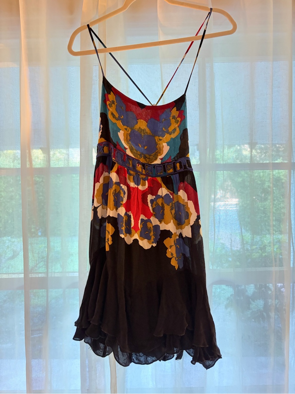 Vintage Free People Floral Black Tiered Slip Dress with Spaghetti Straps - Picture 2 of 7